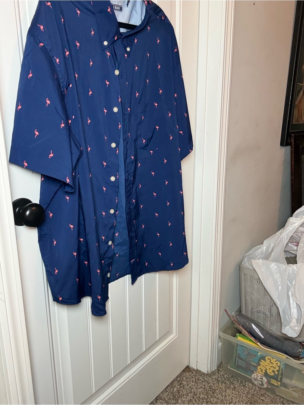 Izod Navy Short-Sleeve Button-Down with Pink Flamingo Print